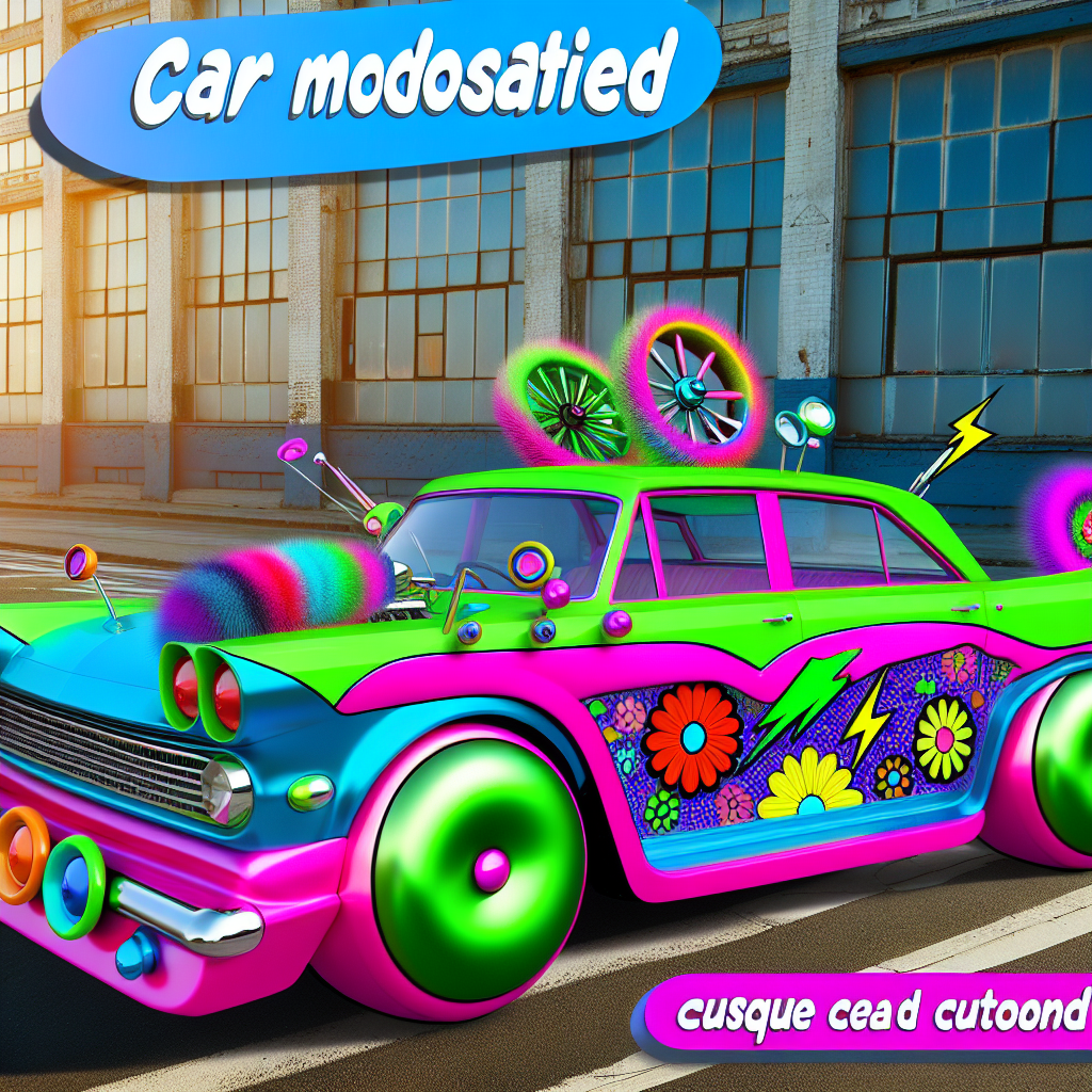 A colorful and absurdly customized car showcasing unique modifications.