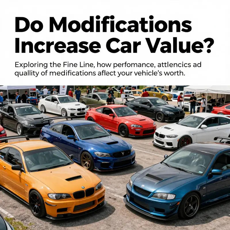 An array of modified cars displayed at a car show, representing the diverse community and the complex relationship between modifications and car value.