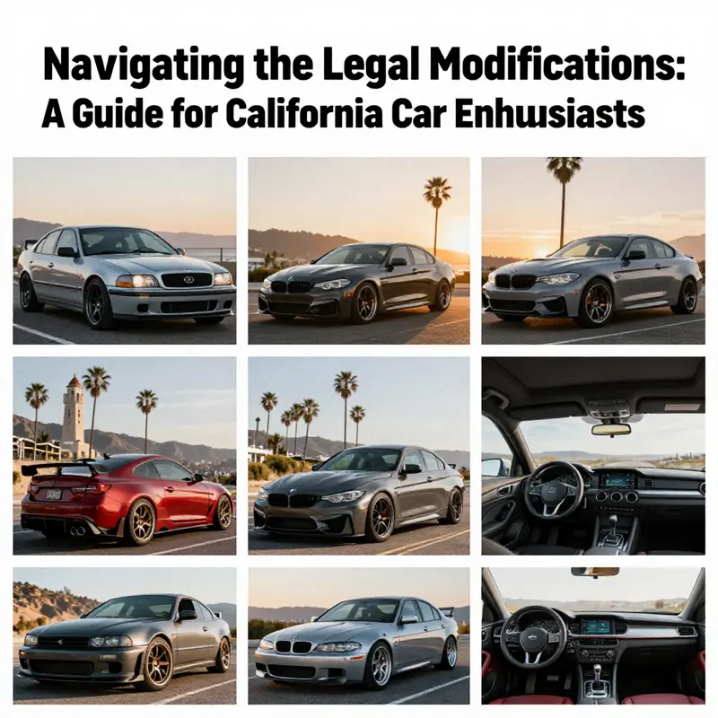 A collage representing various legal car modifications in California, featuring exhausts, wheels, and interior upgrades.