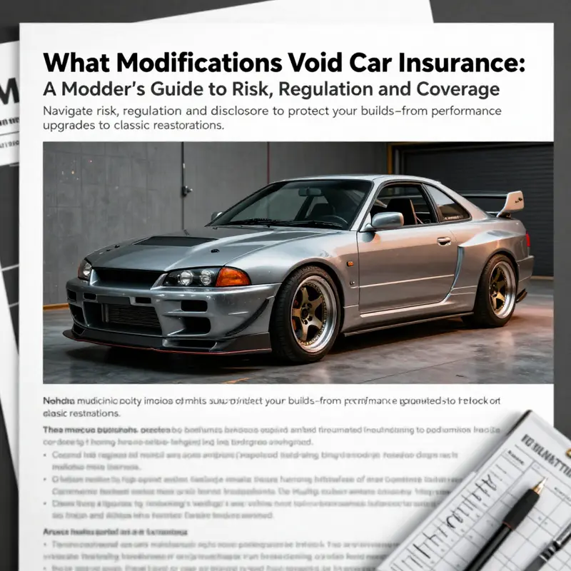 A well-modified car with insurance documents and planning tools in a protective, professional setup.