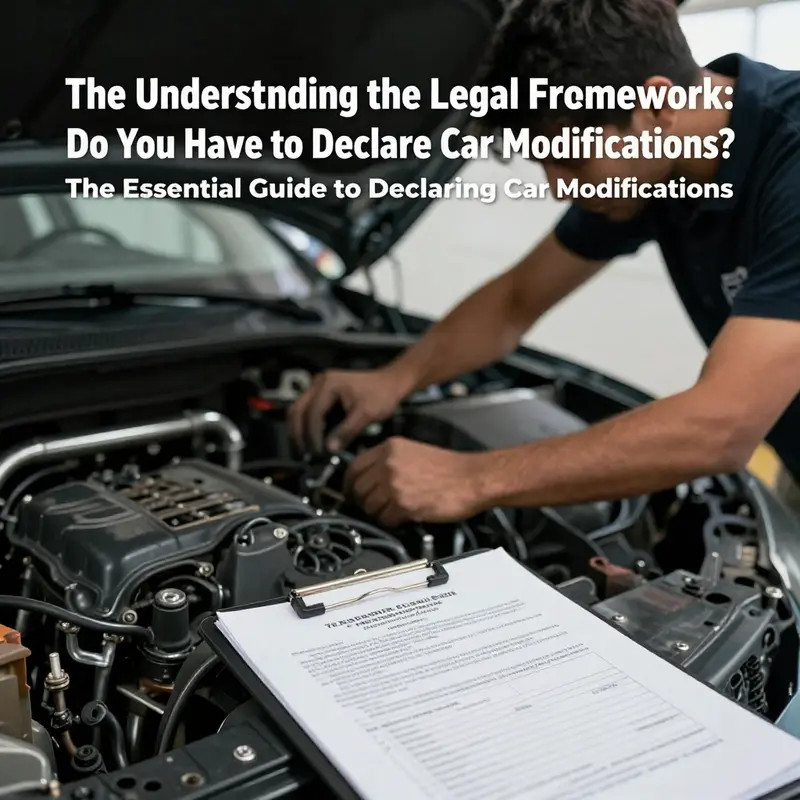 A car enthusiast reviews legal documents concerning vehicle modifications in a garage setting.