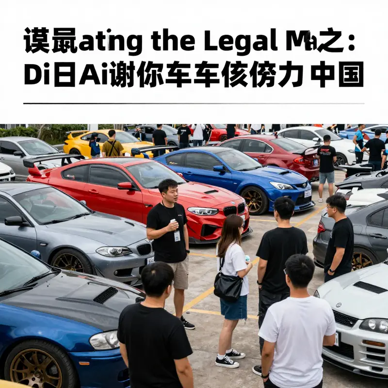 A lively car meet with a diverse group of car enthusiasts engaged in discussions about modifications, reflecting a community spirit.