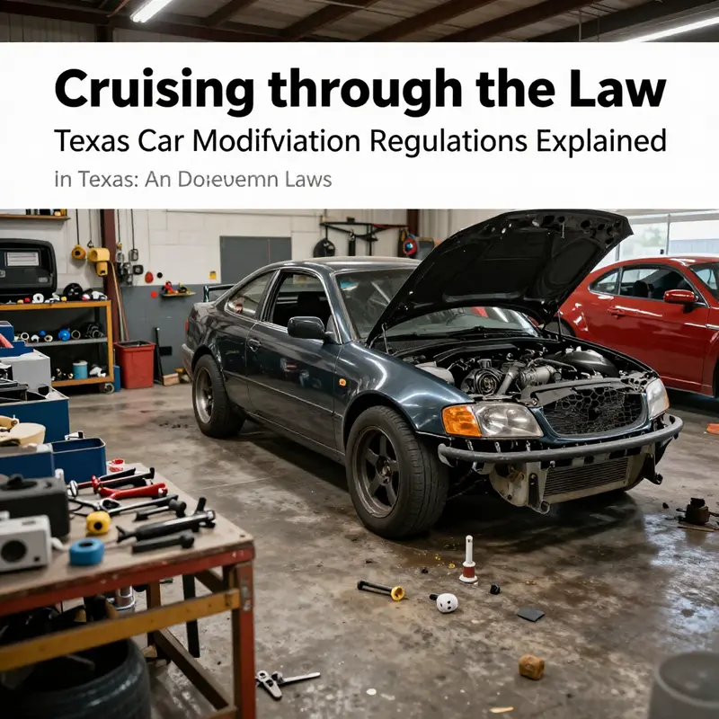 An overview image depicting the lively environment of a car modification workshop in Texas.