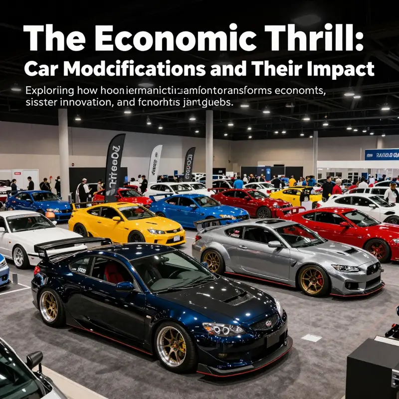 A vibrant car show featuring various modified vehicles, celebrating the culture and economic impact of the car modification industry.