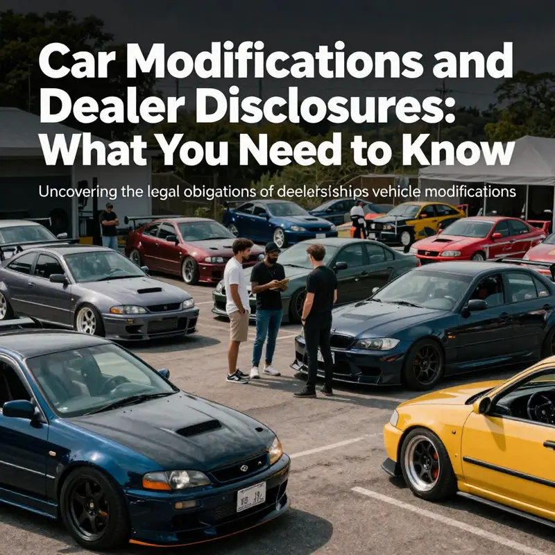 An array of modified cars and automotive enthusiasts in conversation, highlighting community interest in modifications.