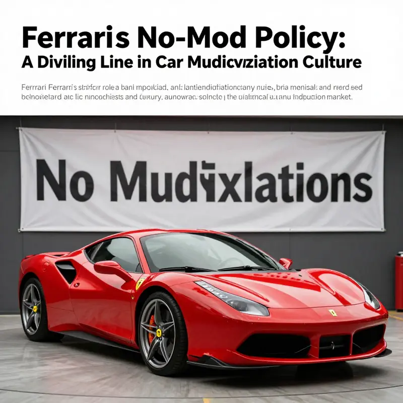 A Ferrari car with a 'No Modifications' banner, reflecting the brand's rigid stance on vehicle alterations.