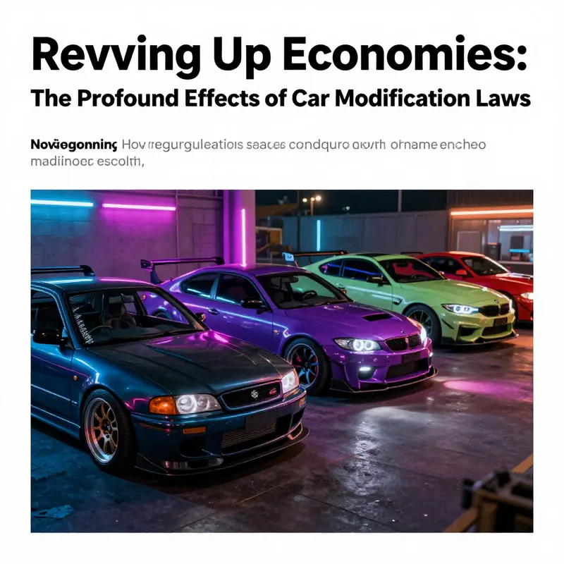 A lineup of beautifully modified cars illuminated by neon lights, representing the dynamic world of car modification and its economic relevance.