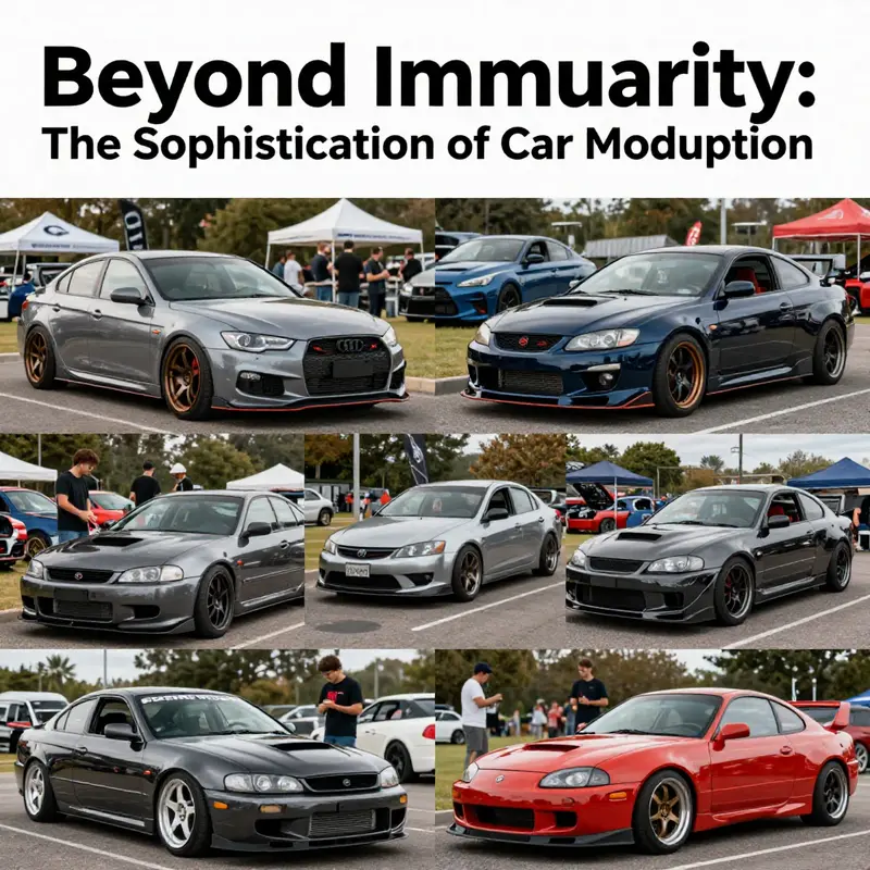 A vibrant collage of modified cars, reflecting the technological, cultural, and safety aspects of car modification.