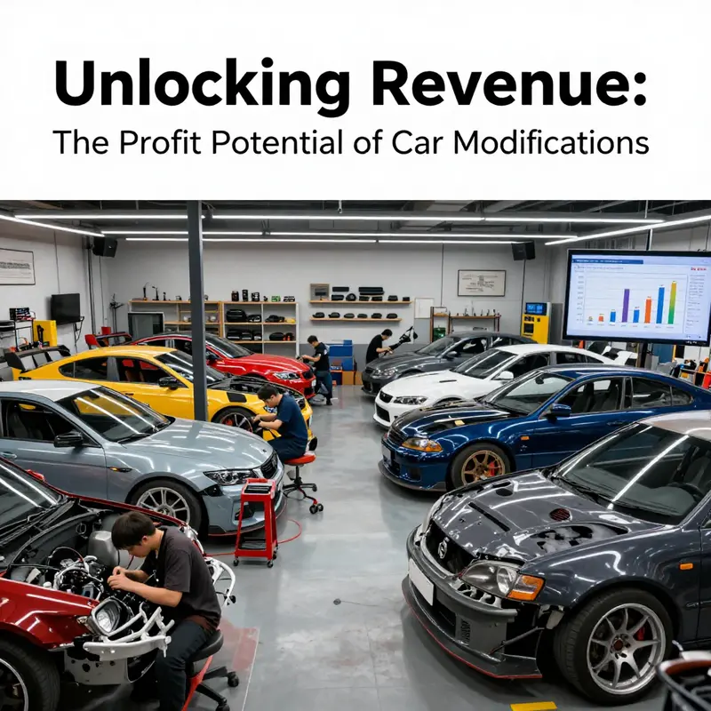 A glimpse into the economic vibrancy of a car modification shop showcasing diverse vehicles and revenue potential.