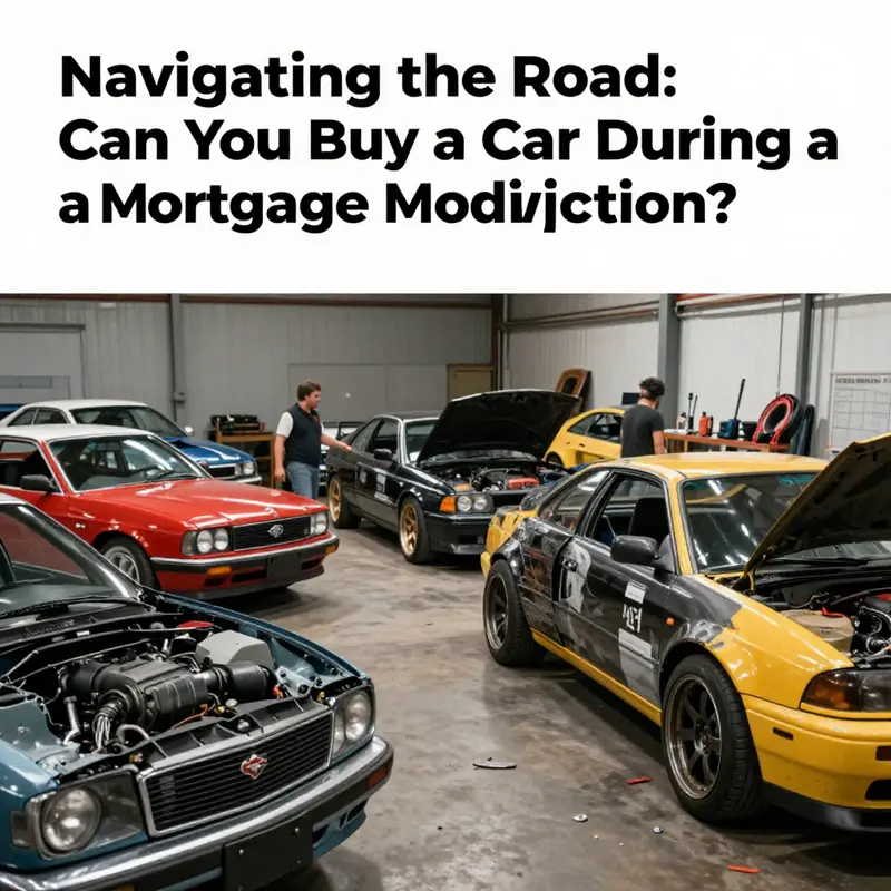 A busy auto shop with enthusiasts working on various modifications, illustrating the passion of car enthusiasts in the context of financial considerations.
