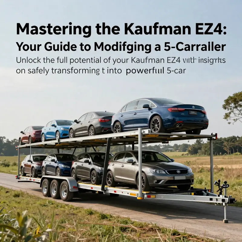 Image of a modified Kaufman EZ4 trailer loaded with five cars, showcasing the results of an ambitious modification project.