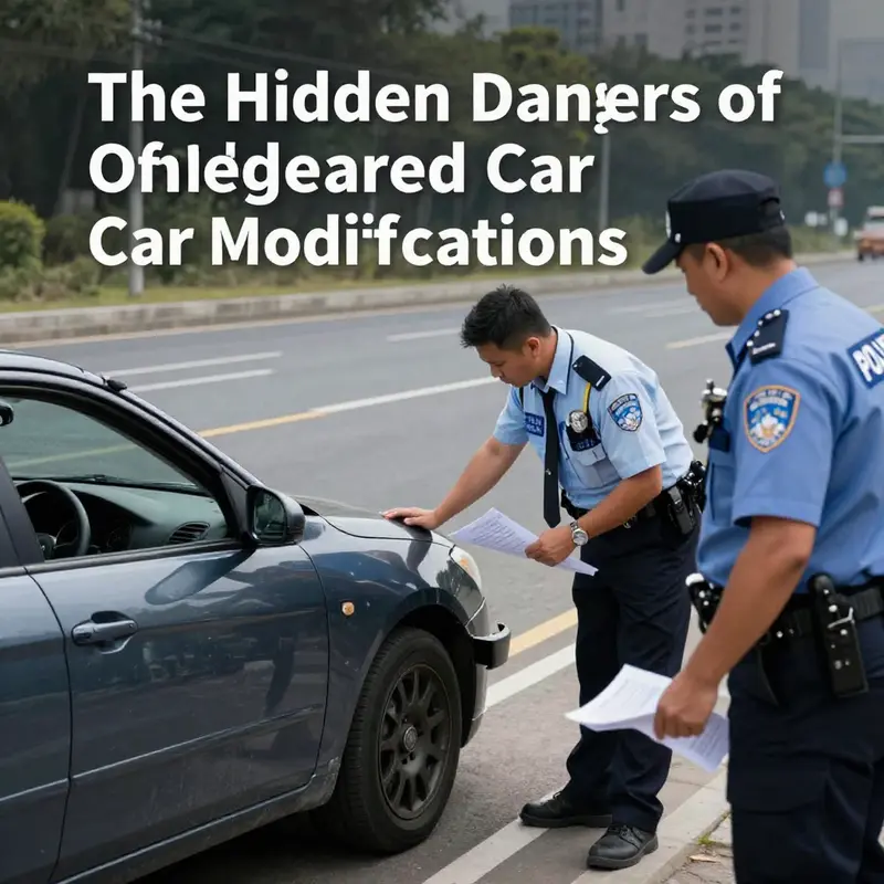Police inspecting modified vehicles for compliance.