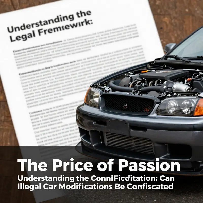A car with modifications juxtaposed against legal documents representing the intersection of car passion and legal regulations.