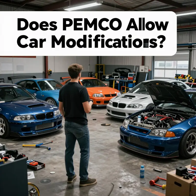 Enthusiastic car modifiers in a garage analyzing vehicle customization options.