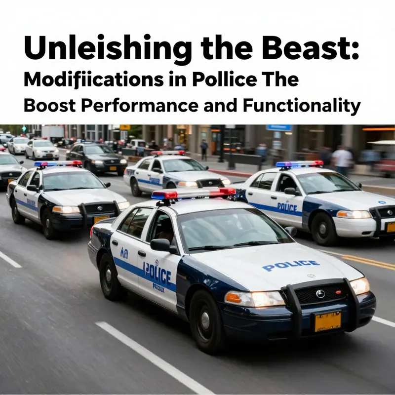 A group of modified police cars speeding through an urban environment.