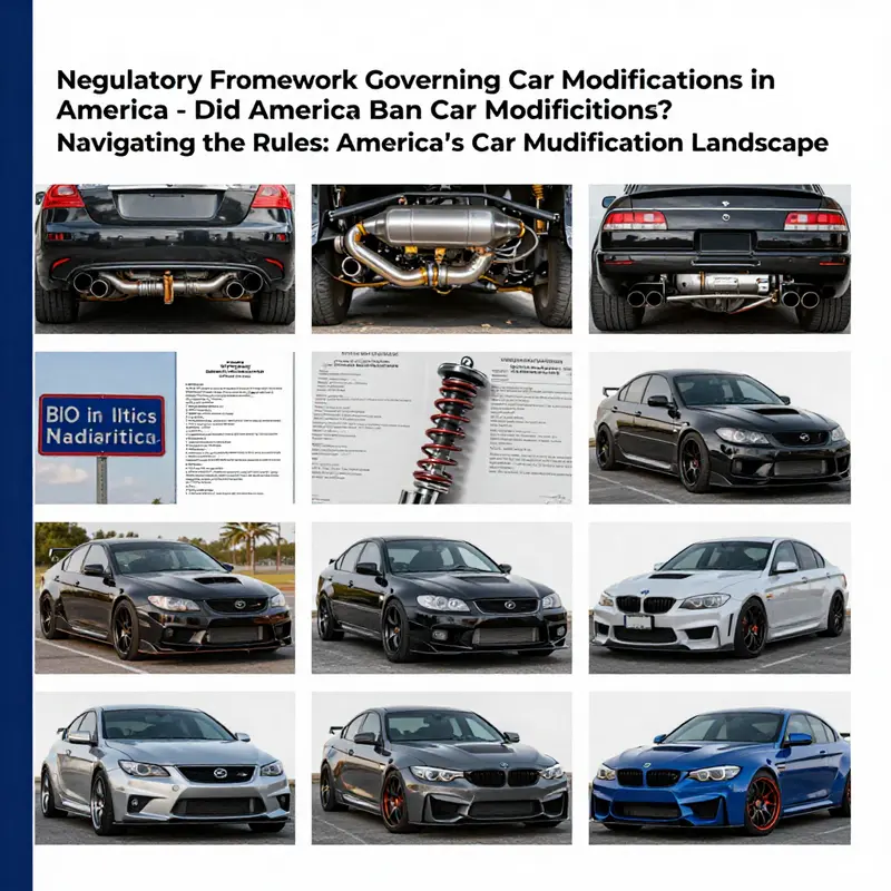 Different aspects of car modifications framed by regulatory signs.