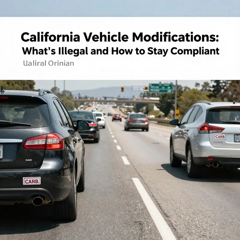 Vehicles on a California highway displaying compliant emissions equipment and CARB compliance.