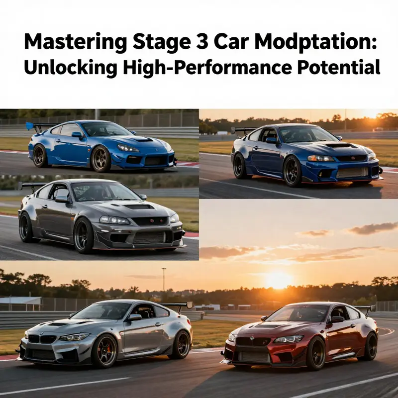 A collage of racing-modified cars competing on a track during sunset.