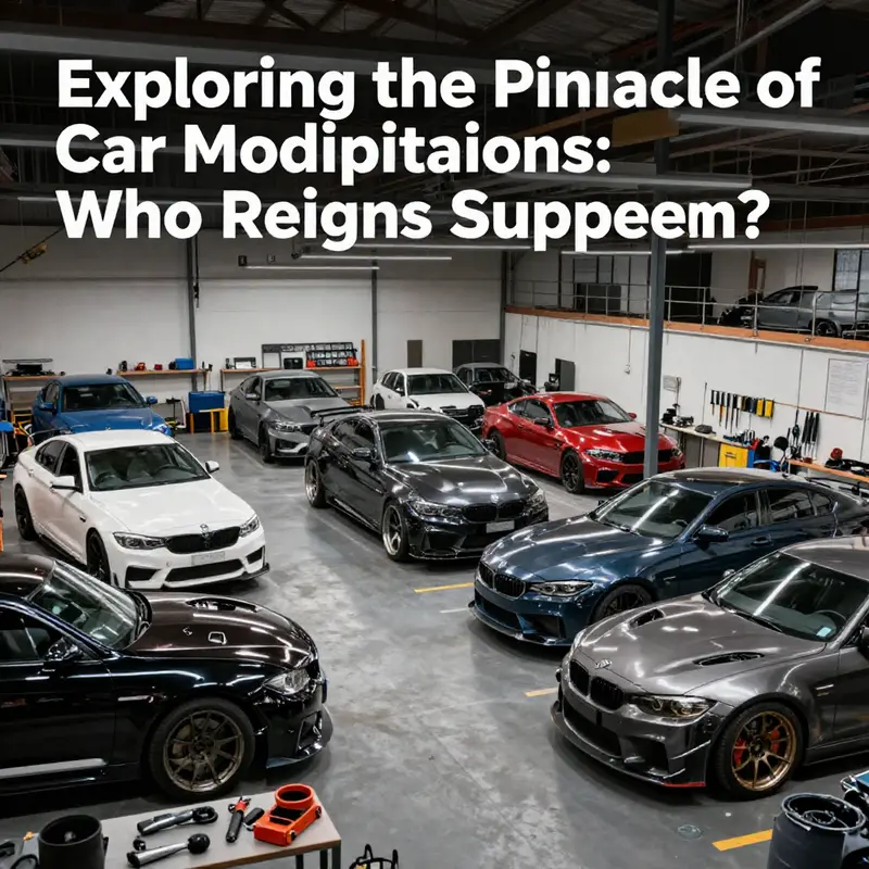 Wide shot of a car modification shop featuring various cars and tools used for customization.