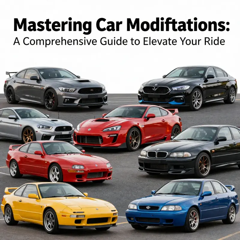 A vibrant illustration showing various modified cars highlighting exterior, interior, and performance enhancements.
