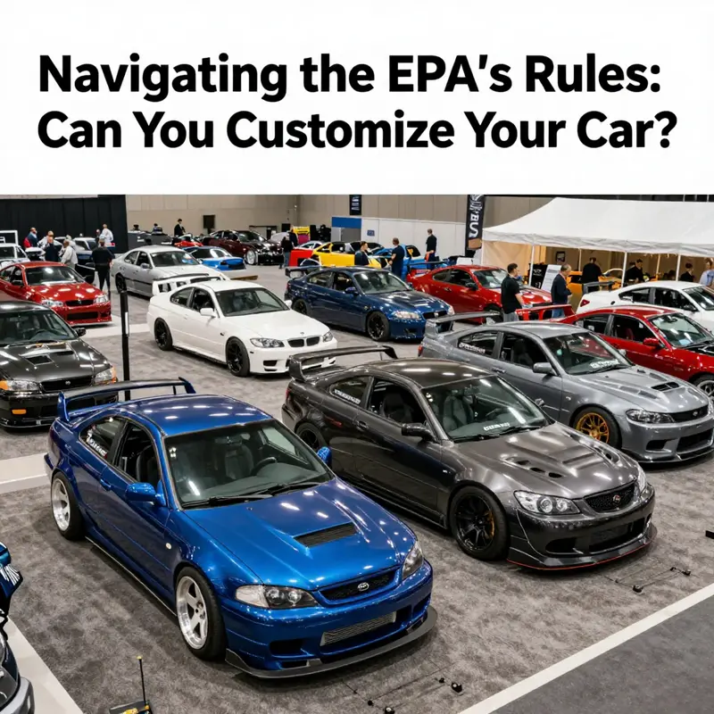 A vibrant auto show filled with modified cars, illustrating creativity while respecting emissions laws.