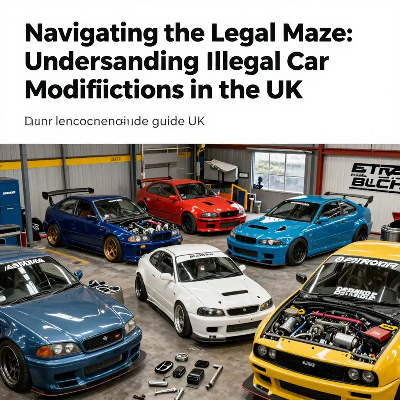 An engaging garage scene with a variety of modified vehicles and components, reflecting car modification culture.