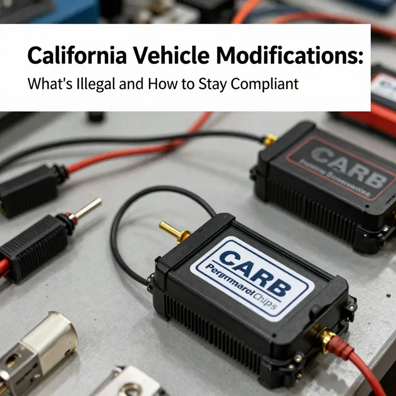 Vehicles on a California highway displaying compliant emissions equipment and CARB compliance.