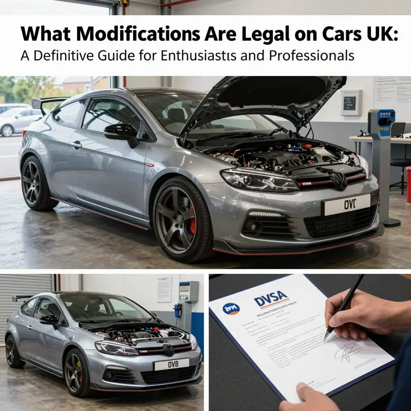 Composite image showing a modified UK car exterior, engine details, MOT test scene, and a vehicle certification process.