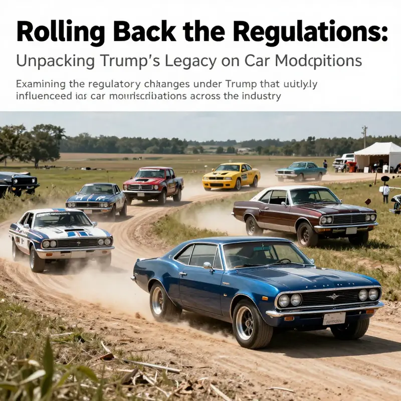 A lively car rally showcasing a mix of classic and modified cars representing the cultural impact of Trump's automotive regulations.
