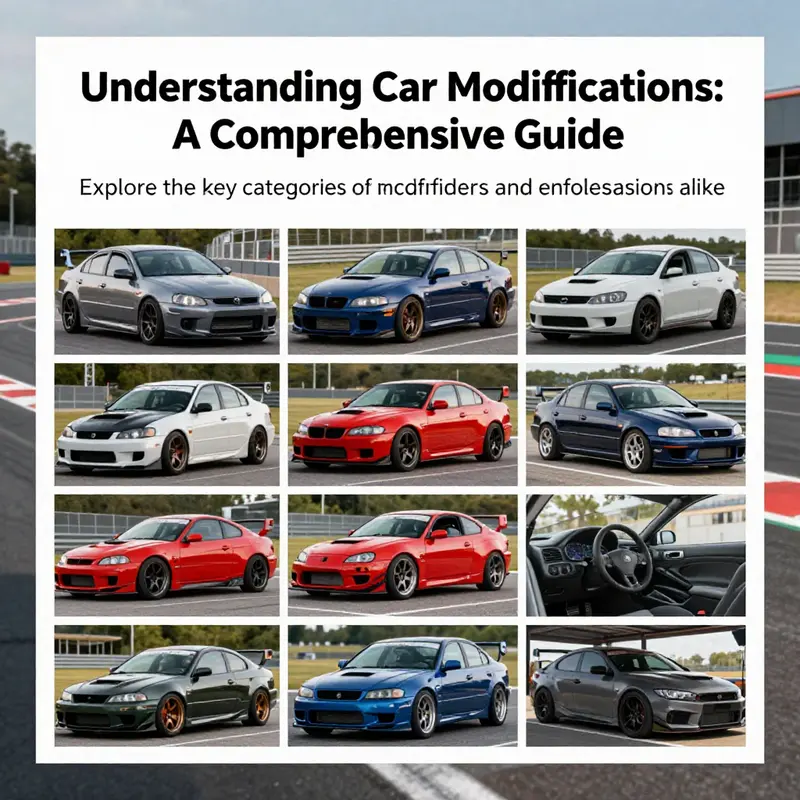 A visually engaging representation of various car modifications including exterior, interior, and performance.