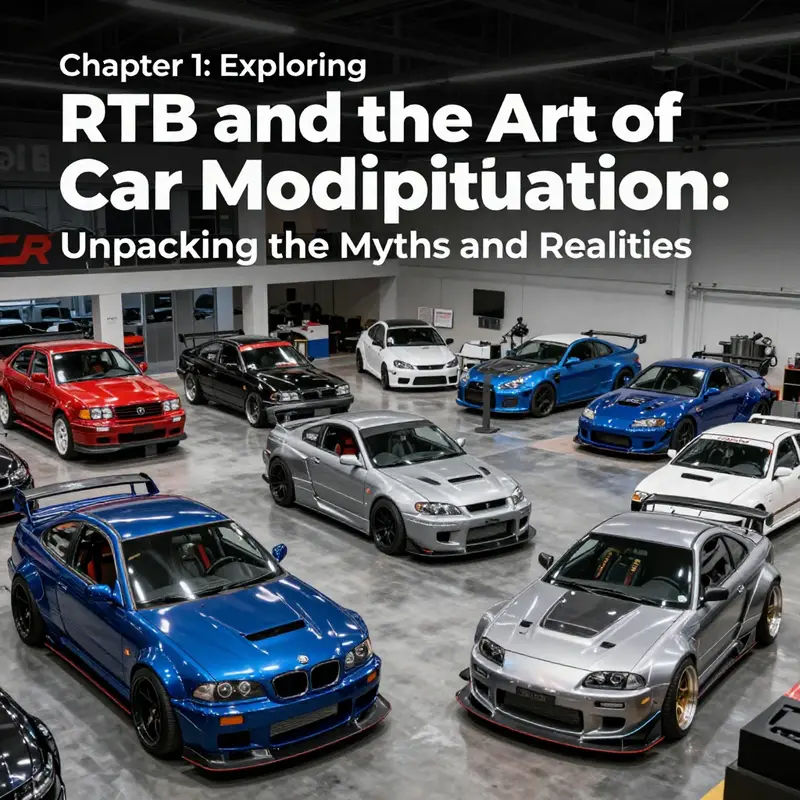 A vibrant car showroom showcasing diverse vehicle modifications beyond RTB, emphasizing creativity and craftsmanship.