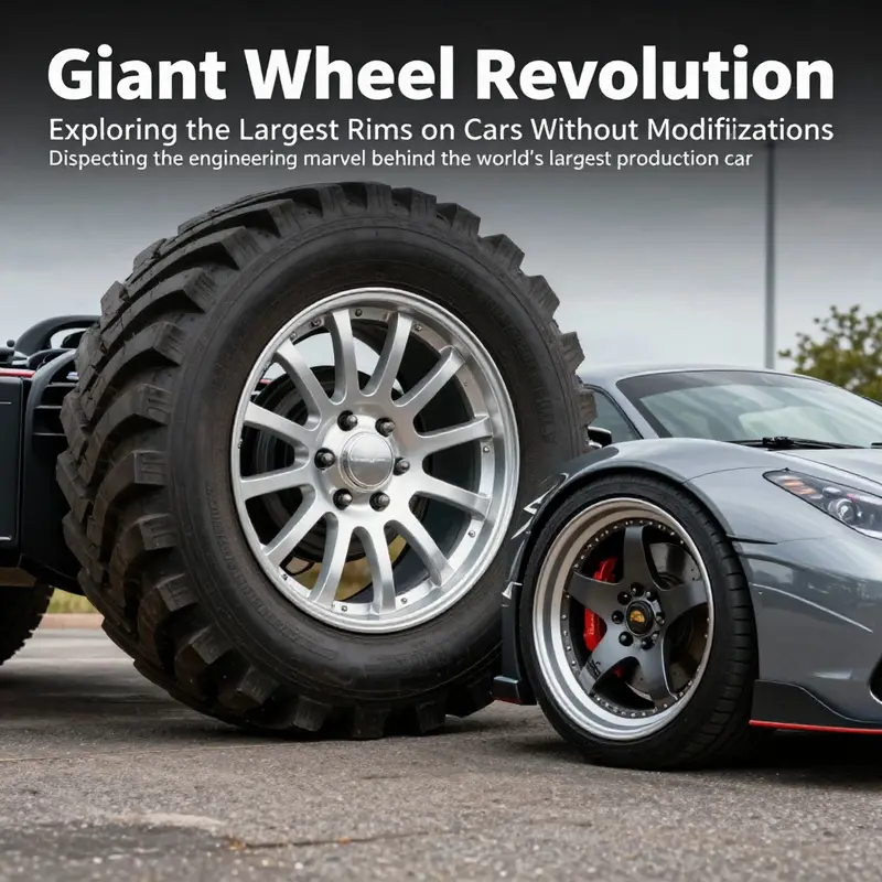 A large mining truck tire positioned beside a sport sedan, visually demonstrating the size difference in rims.