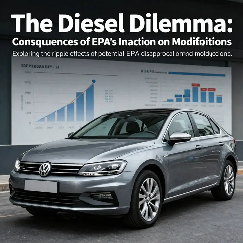 A VW diesel car alongside EPA compliance charts visually representing the conflict between environmental regulations and car performance modifications.