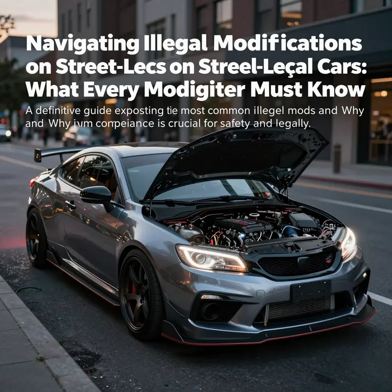 A modified street-legal car at dusk with visible aftermarket exhaust, LED lighting, lowered suspension, and enhanced engine components.