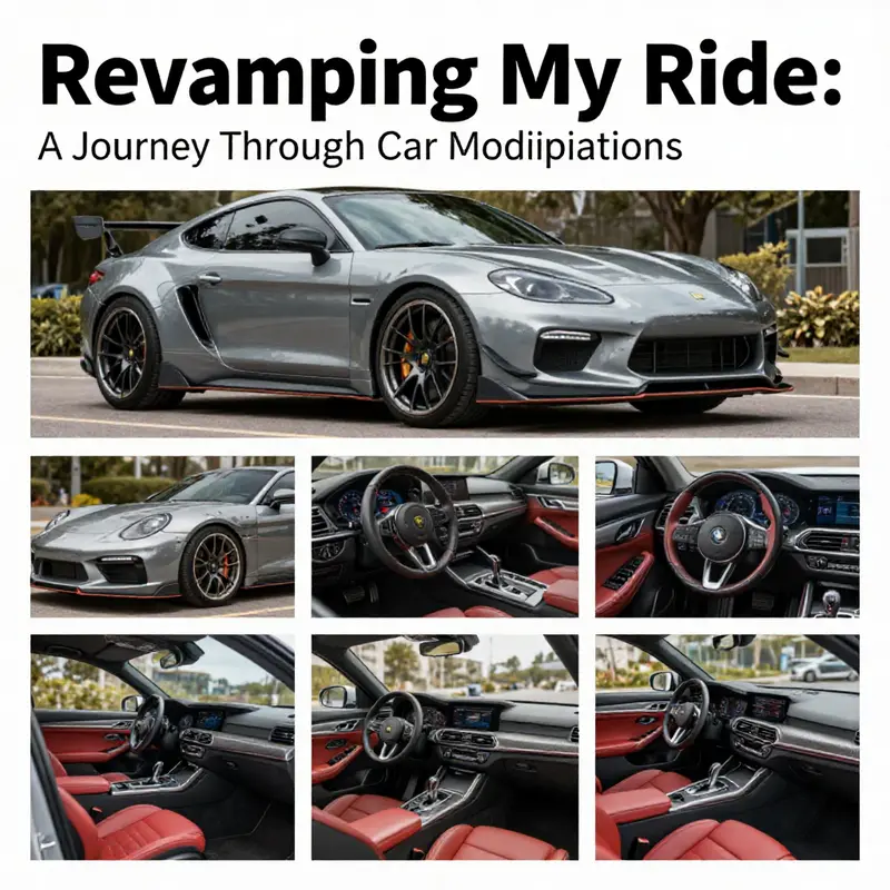 A collage depicting various aspects of a modified car including exterior, interior, and performance features.