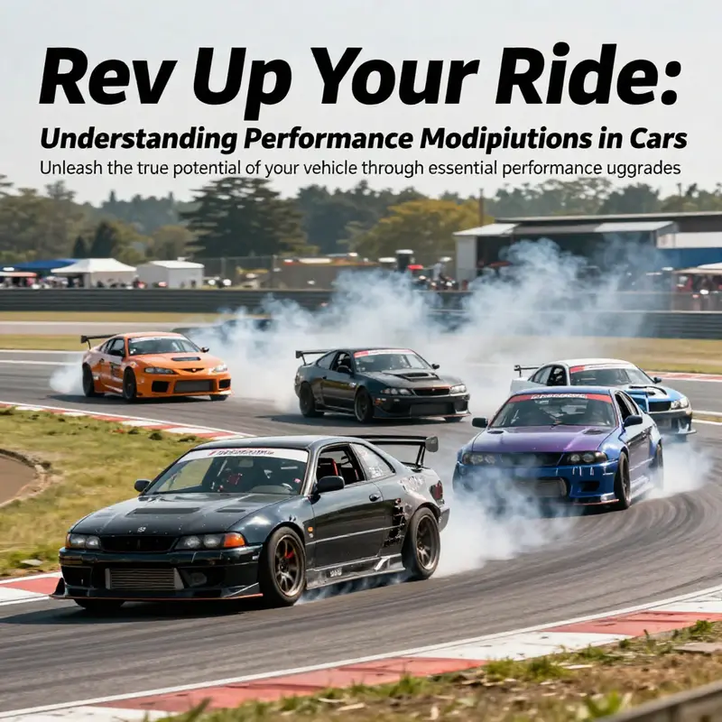 A collection of modified cars racing on a track, showcasing their performance modifications.