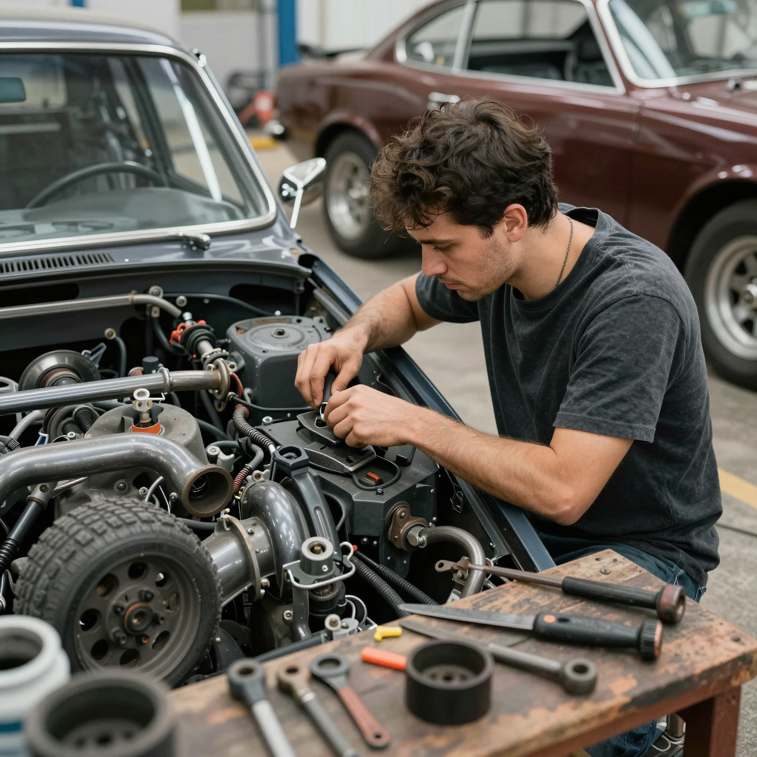 A passionate car modifier working on a classic vehicle, surrounded by tools and car parts, showcasing the cultural significance of car modification.