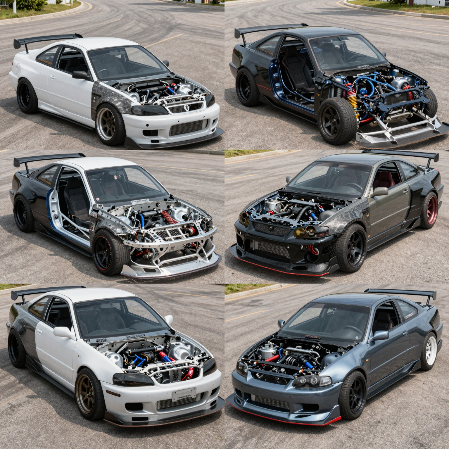 Modified car frames showing various styles and enhancements