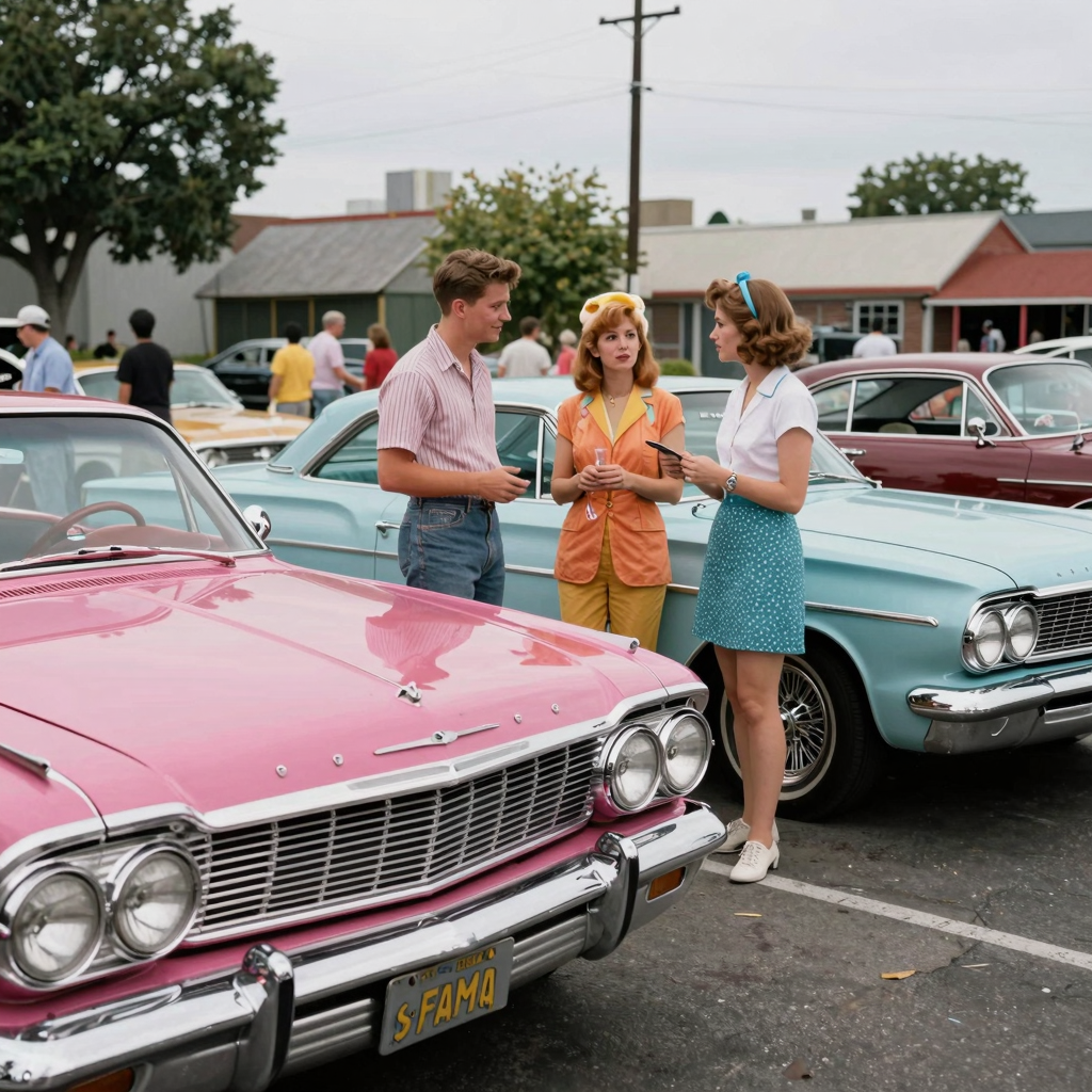 A vibrant 1960s car club meeting scene, showcasing classic custom cars