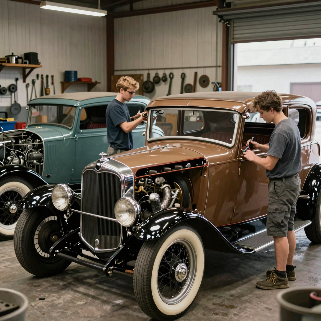 A vintage 1920s car modification scene