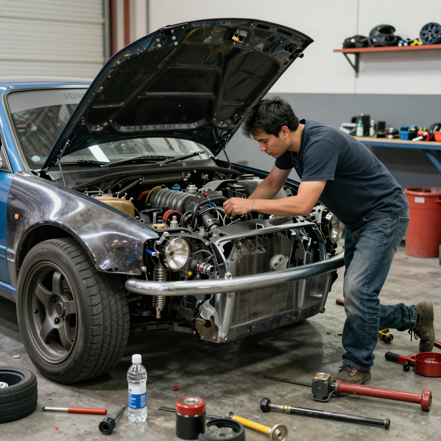 Car Enthusiast Working on a Modified Vehicle
