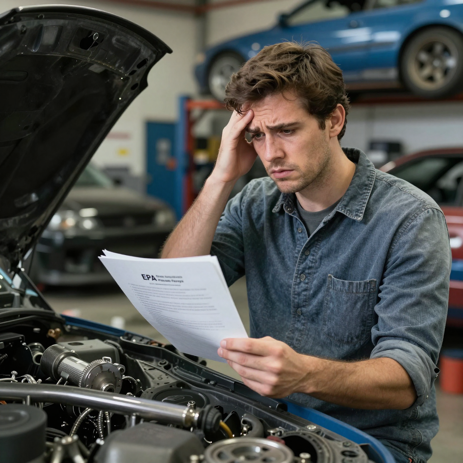 Concerned car enthusiast reviewing EPA regulations