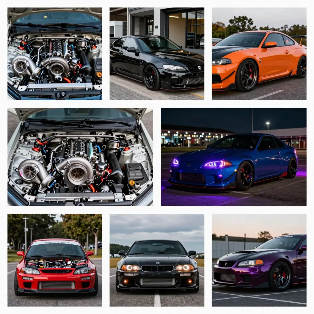 Collage of car modifications showcasing performance enhancements and aesthetic improvements
