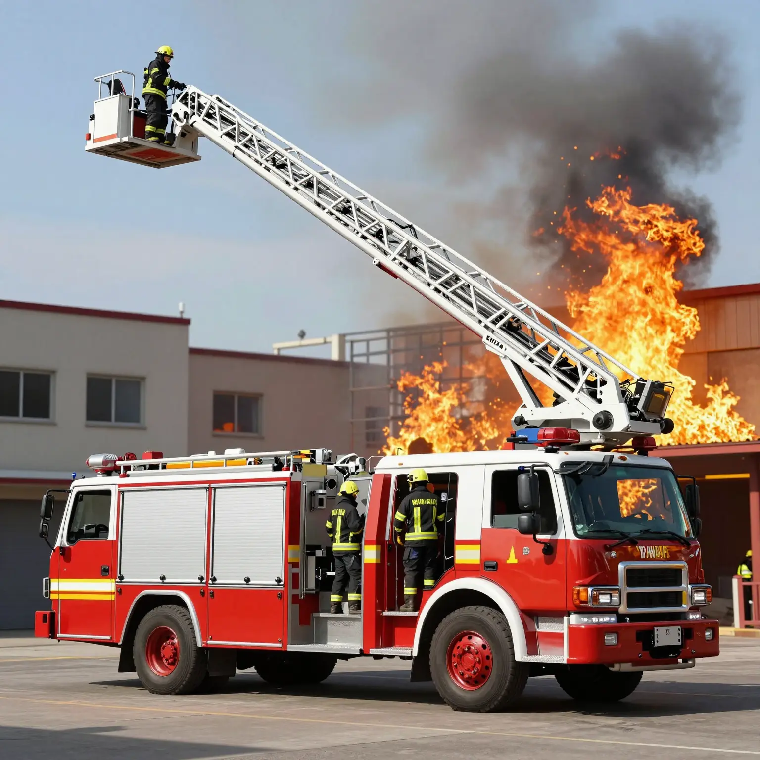 100-foot aerial ladder fire truck in action