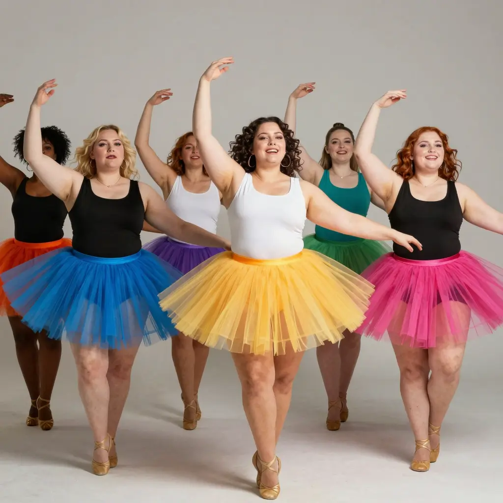 Diverse dancers in plus size tutu skirts