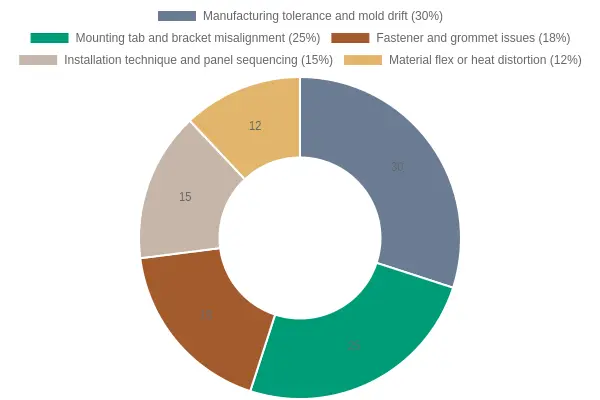 Doughnut chart titled Root Causes of Sportbike Fairing Panel Gaps showing manufacturing tolerance and mold drift 30%, mounting tab and bracket misalignment 25%, fastener and grommet issues 18%, installation technique and panel sequencing 15%, and material flex or heat distortion 12%.