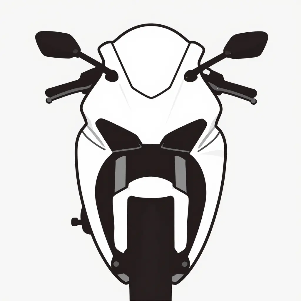 2D line diagram of a sportbike front-end silhouette showing the nose fairing, upper cowl, and side panels with thin outlined callout zones marking where nose and side panel gaps typically appear along the seams.