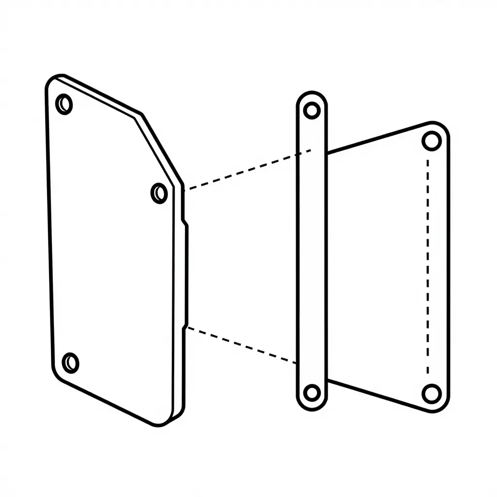 Flat line-art diagram of a fairing panel with molded mounting tabs and grommet holes beside a frame-mounted stay bracket, with dashed alignment guides linking tab positions to bracket holes
