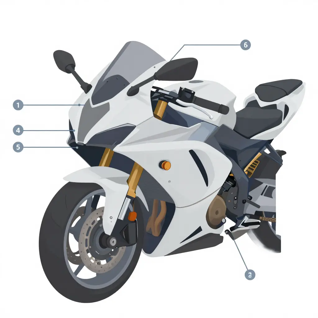 Labeled diagram of sportbike fairing anatomy showing the nose fairing, upper cowl, side panels, belly pan, seams, mounting tabs, grommets, and frame-mounted stay bracket